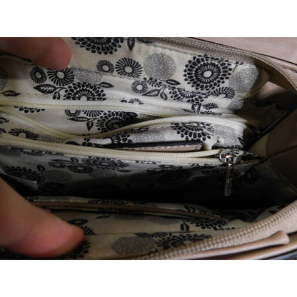 Eleganci Beige Faux Leather Crossbody Bag With Silver Studded Accents & Floral Lining