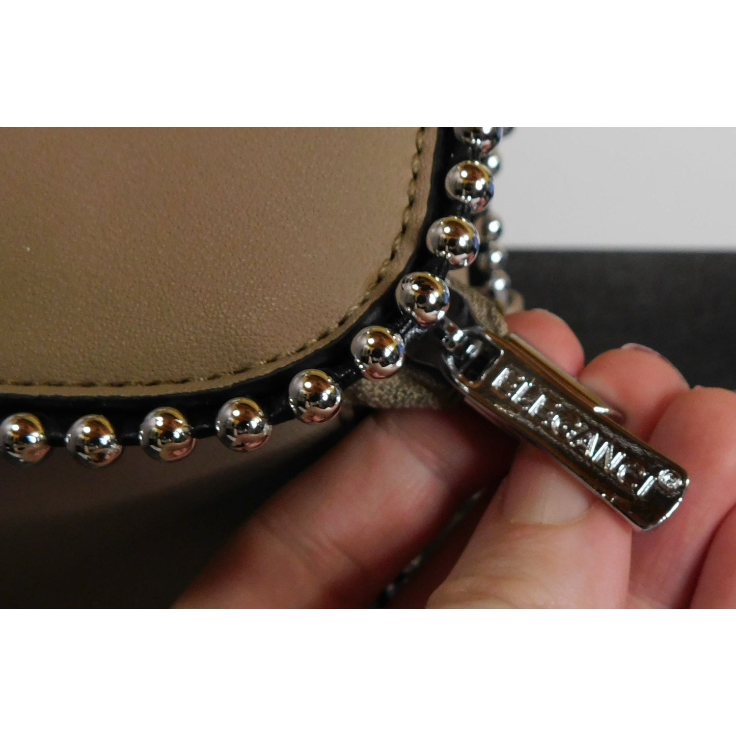 Eleganci Beige Faux Leather Crossbody Bag With Silver Studded Accents & Floral Lining