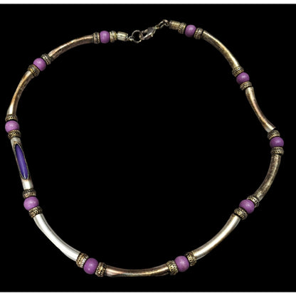 Vintage 90s Purple And Silver Tone Beaded Peekaboo Tube Necklace
