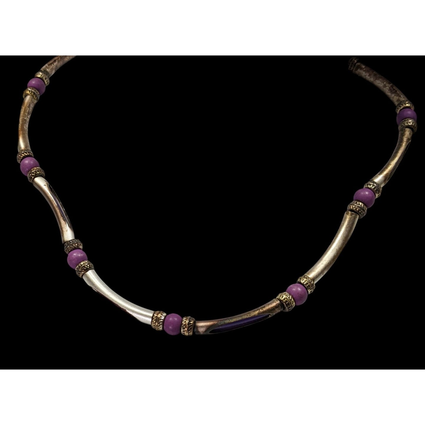 Vintage 90s Purple And Silver Tone Beaded Peekaboo Tube Necklace