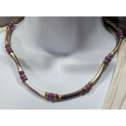 Vintage 90s Purple And Silver Tone Beaded Peekaboo Tube Necklace