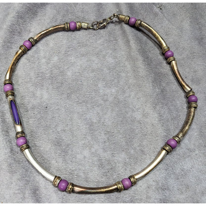 Vintage 90s Purple And Silver Tone Beaded Peekaboo Tube Necklace