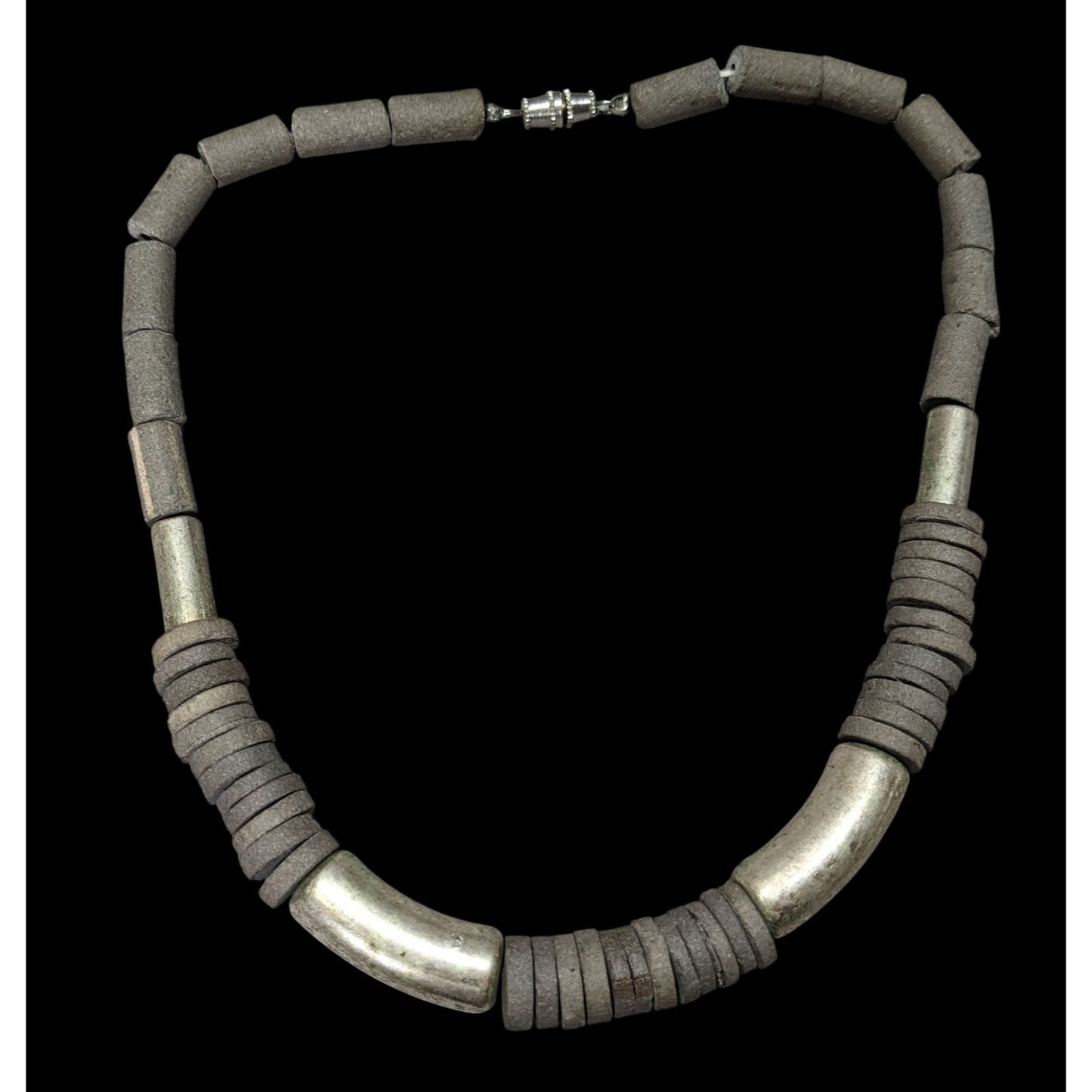 Vintage Handcrafted Necklace With Rustic Clay Beads & Silver-Tone Accents