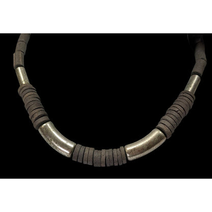 Vintage Handcrafted Necklace With Rustic Clay Beads & Silver-Tone Accents