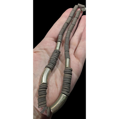 Vintage Handcrafted Necklace With Rustic Clay Beads & Silver-Tone Accents