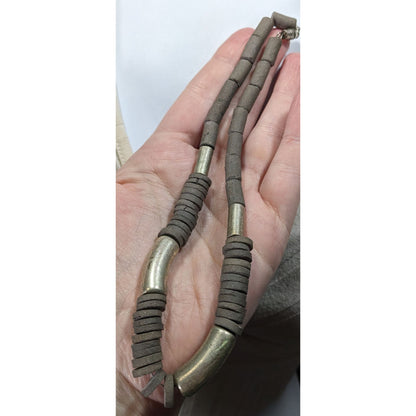 Vintage Handcrafted Necklace With Rustic Clay Beads & Silver-Tone Accents