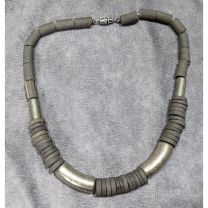 Vintage Handcrafted Necklace With Rustic Clay Beads & Silver-Tone Accents