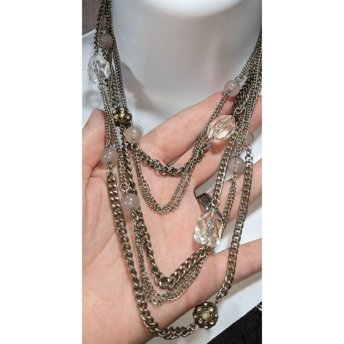 LOFT Vintage Glam Silver Tone Clear Beaded Multistrand Necklace 14 Inch