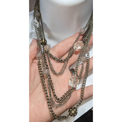 LOFT Vintage Glam Silver Tone Clear Beaded Multistrand Necklace 14 Inch
