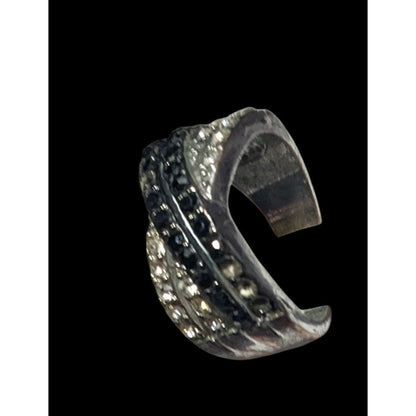 Black And Silver Quadruple Line Crisscross Rhinestone Ring Size 7