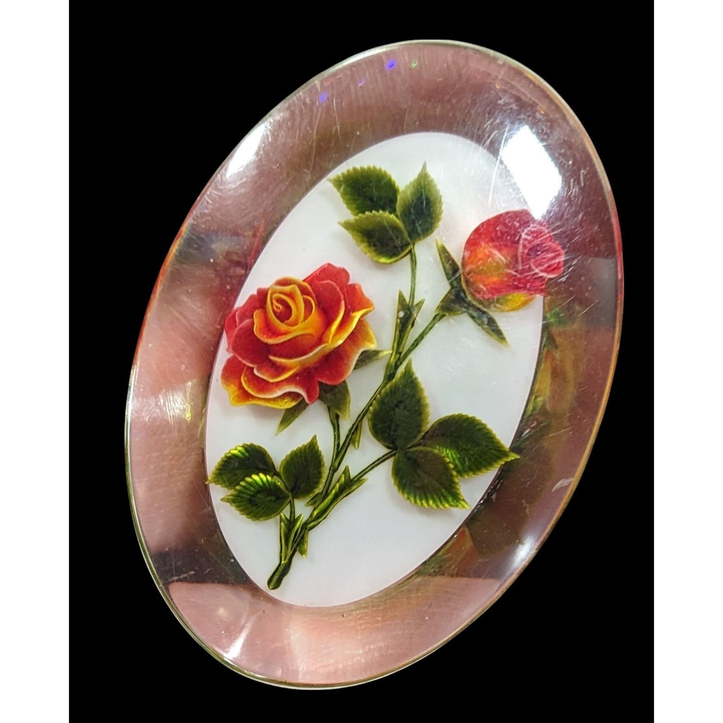 Vintage Gem-Tone Rose Carved Lucite Brooch
