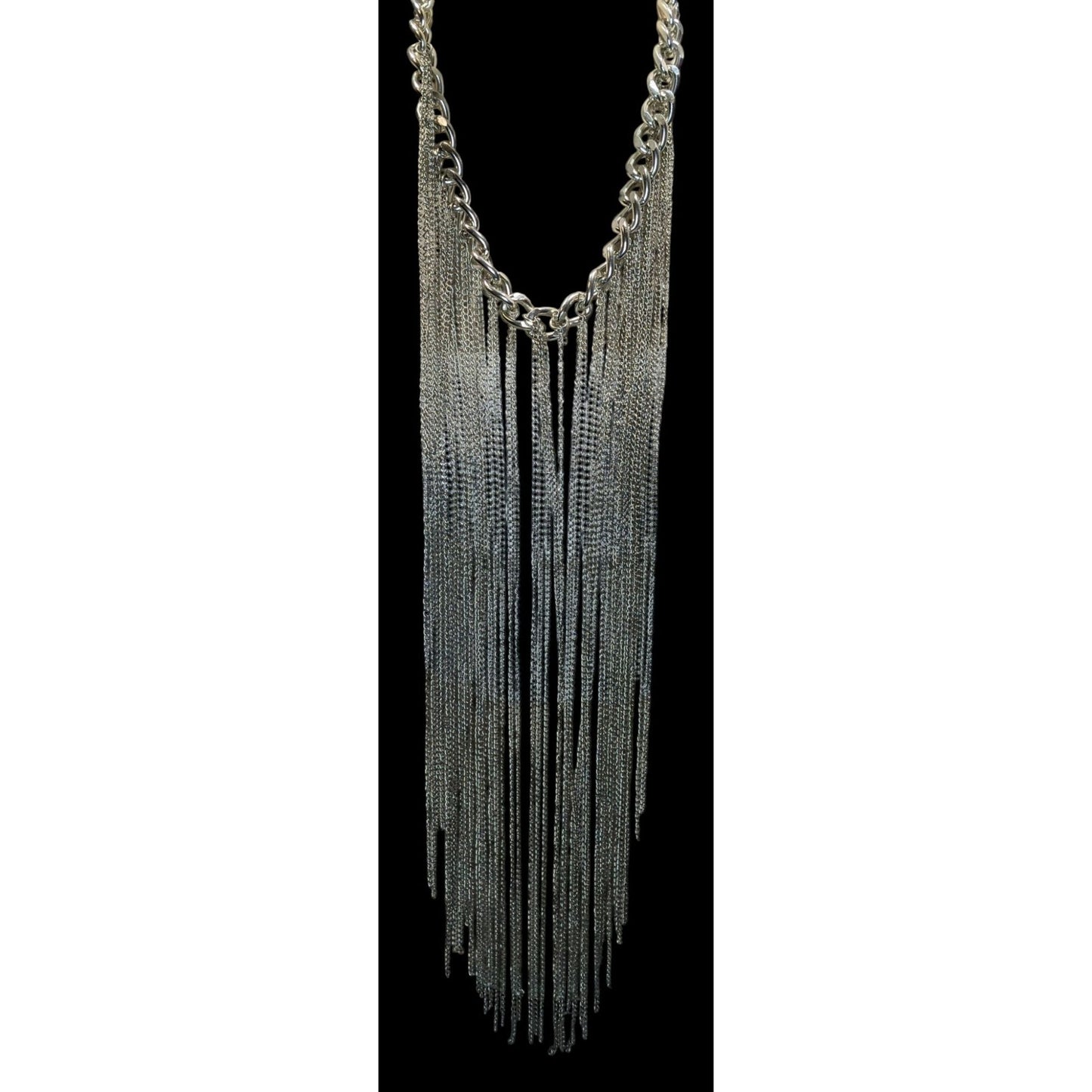 Party Glam Silver Tone Chain Fringe Statement Necklace 15 Inch Fringe