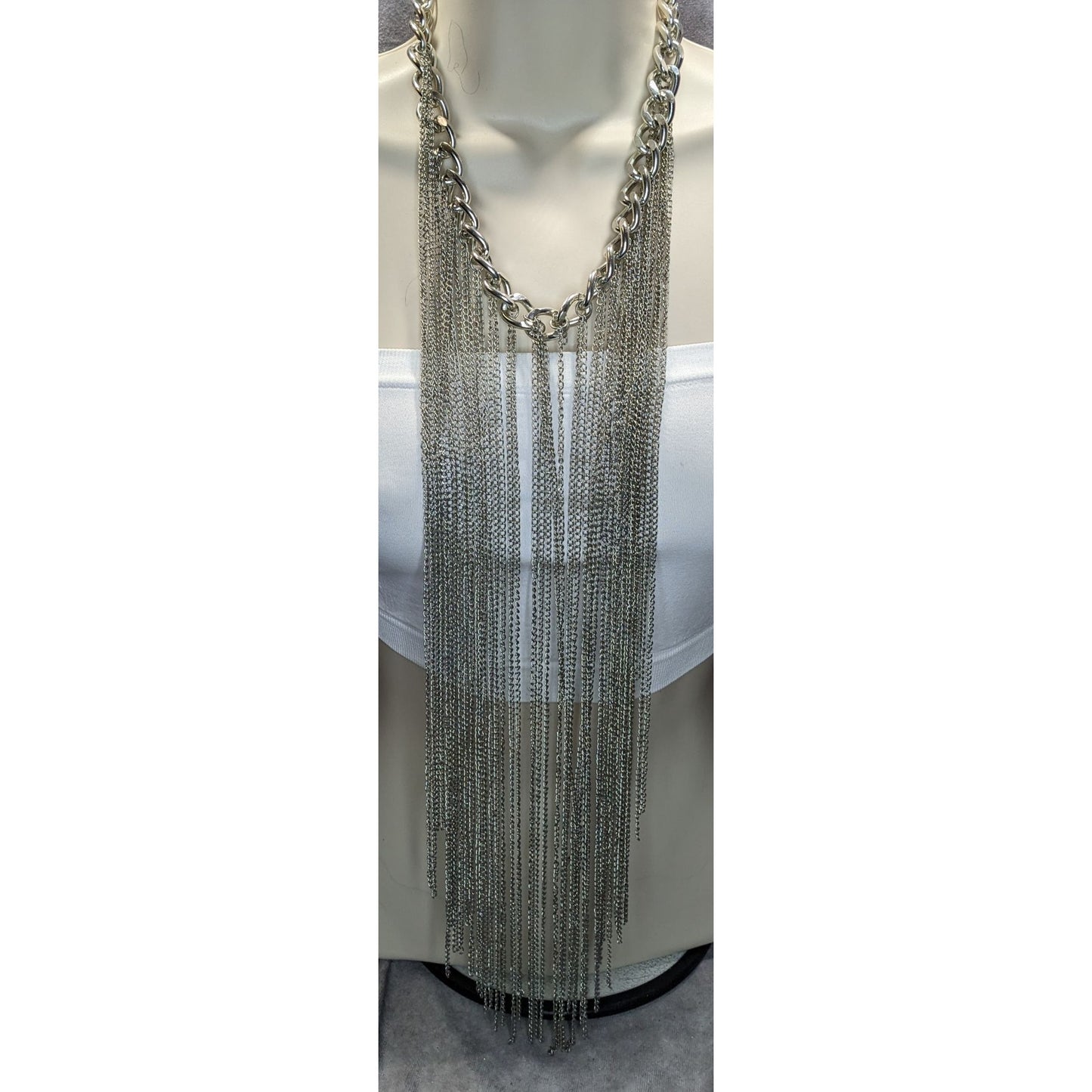 Party Glam Silver Tone Chain Fringe Statement Necklace 15 Inch Fringe