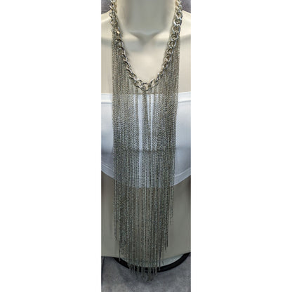 Party Glam Silver Tone Chain Fringe Statement Necklace 15 Inch Fringe