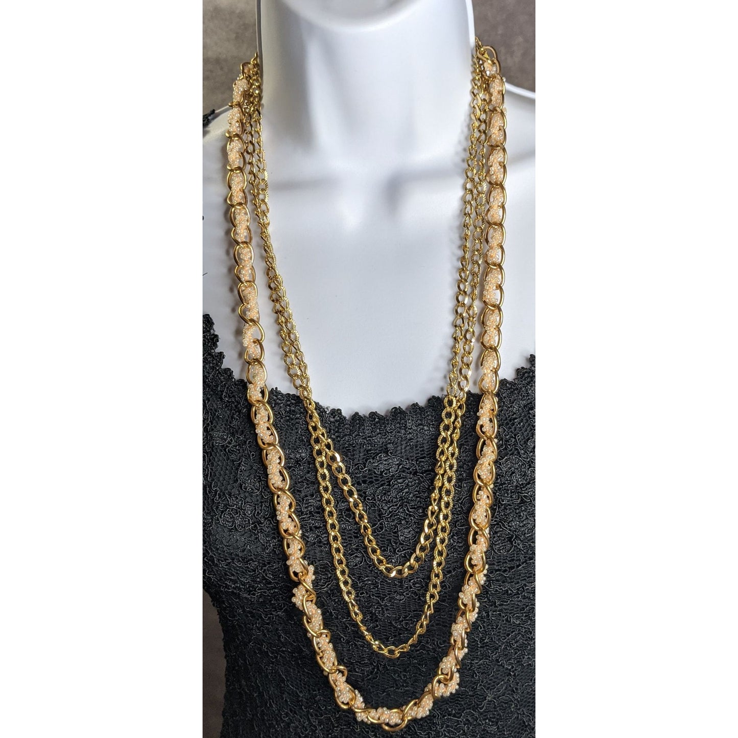 Vintage Y2K Gold-Tone Multi-Strand Necklace With Pink Glass Beads