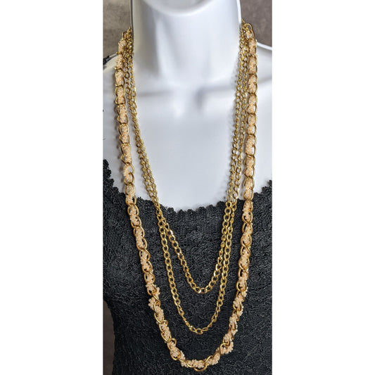 Vintage Y2K Gold-Tone Multi-Strand Necklace With Pink Glass Beads