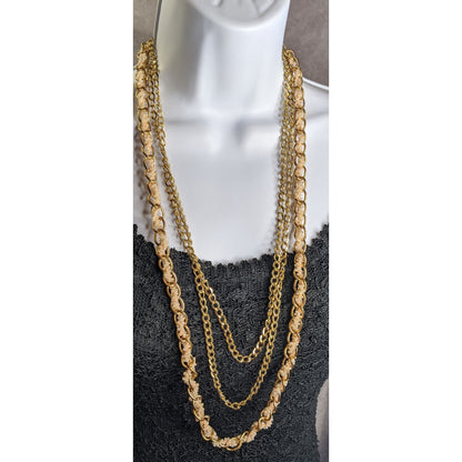 Vintage Y2K Gold-Tone Multi-Strand Necklace With Pink Glass Beads