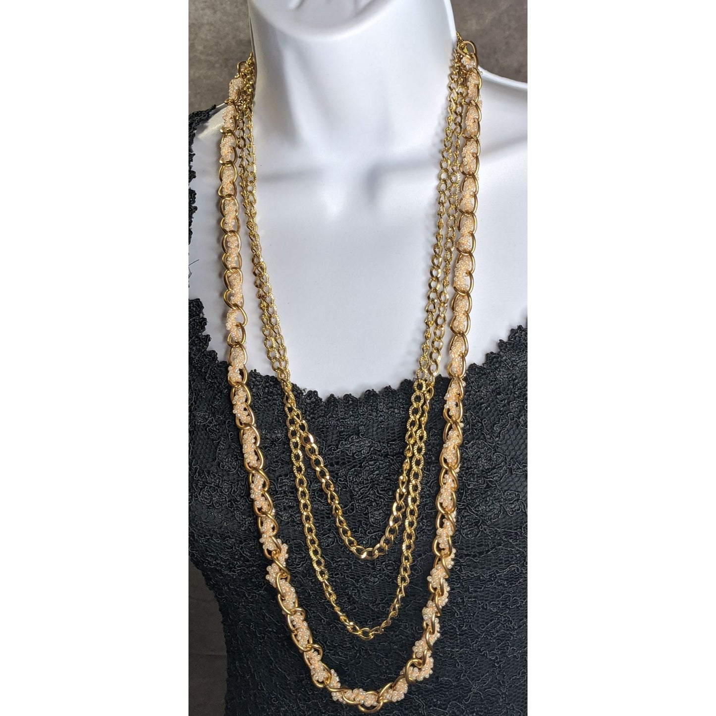 Vintage Y2K Gold-Tone Multi-Strand Necklace With Pink Glass Beads