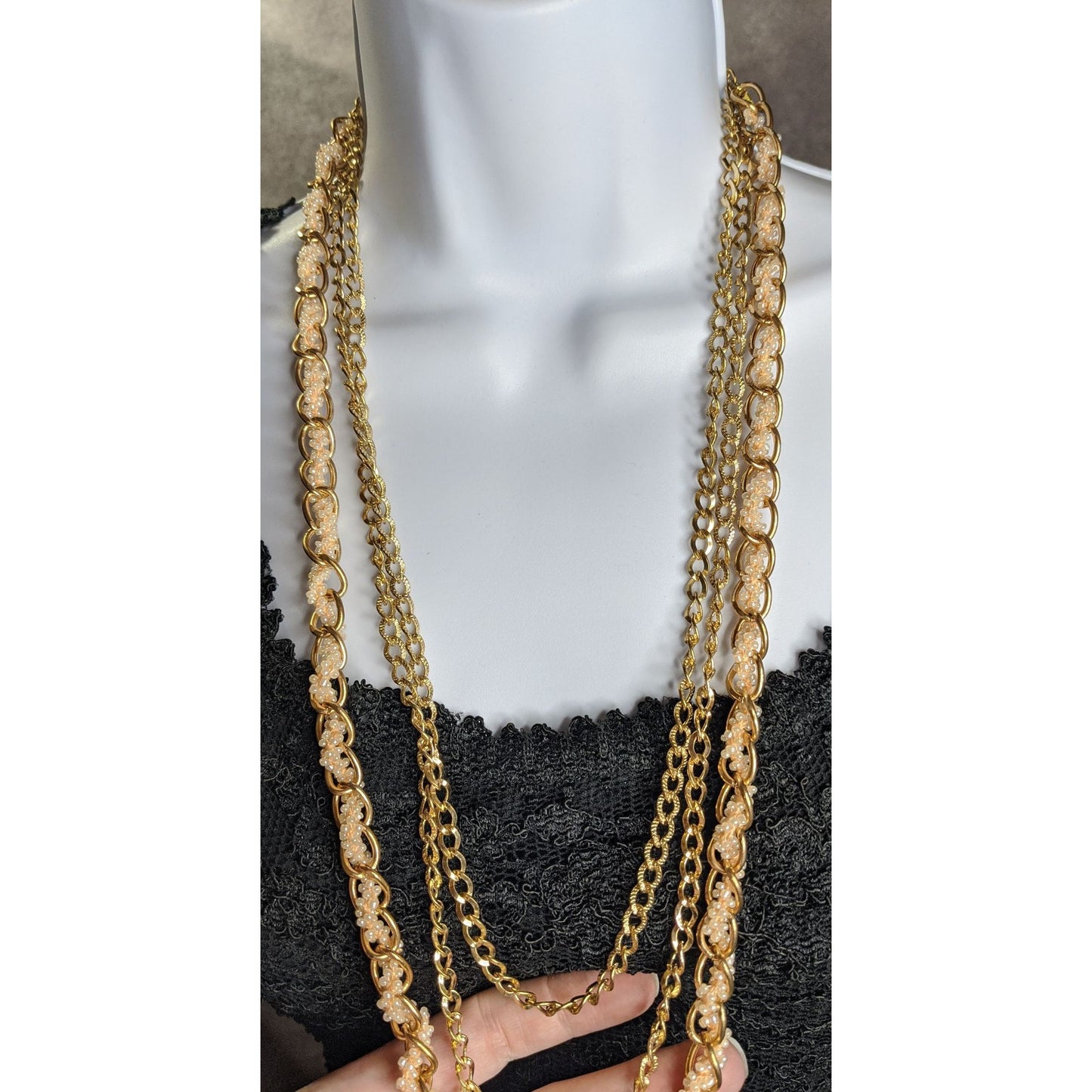 Vintage Y2K Gold-Tone Multi-Strand Necklace With Pink Glass Beads