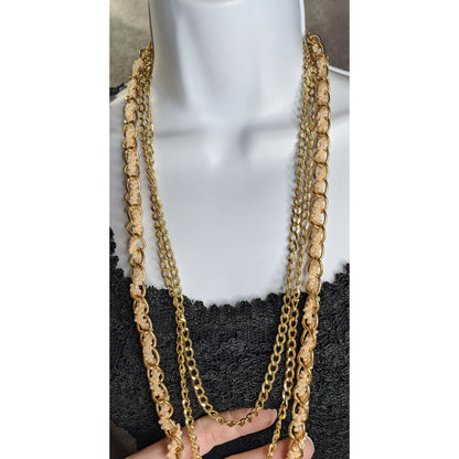 Vintage Y2K Gold-Tone Multi-Strand Necklace With Pink Glass Beads