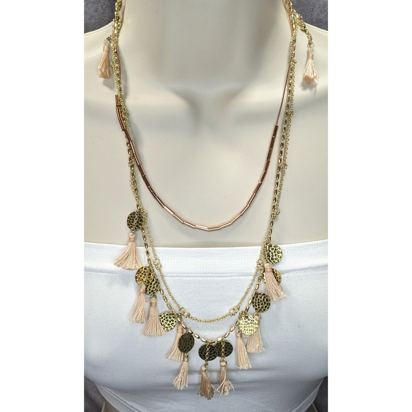 Abercrombie & Fitch Preppy Bohemian Gold-Toned Multi-Layer Necklace With Pink Tassels & Hammered Coin Charms