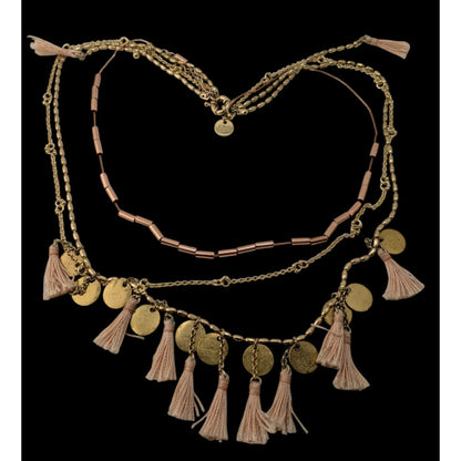Abercrombie & Fitch Preppy Bohemian Gold-Toned Multi-Layer Necklace With Pink Tassels & Hammered Coin Charms