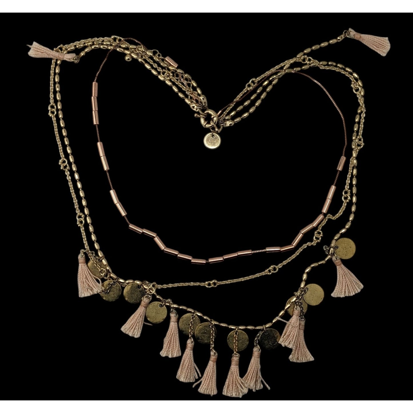 Abercrombie & Fitch Preppy Bohemian Gold-Toned Multi-Layer Necklace With Pink Tassels & Hammered Coin Charms