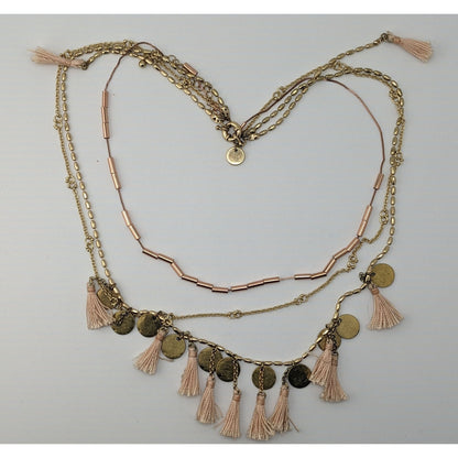 Abercrombie & Fitch Preppy Bohemian Gold-Toned Multi-Layer Necklace With Pink Tassels & Hammered Coin Charms