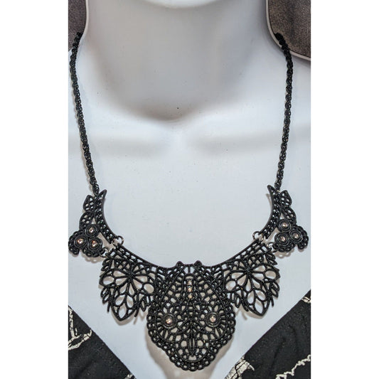 Gothic Black Lace-Like Metal Necklace With Rhinestone Accents