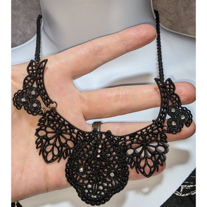 Gothic Black Lace-Like Metal Necklace With Rhinestone Accents