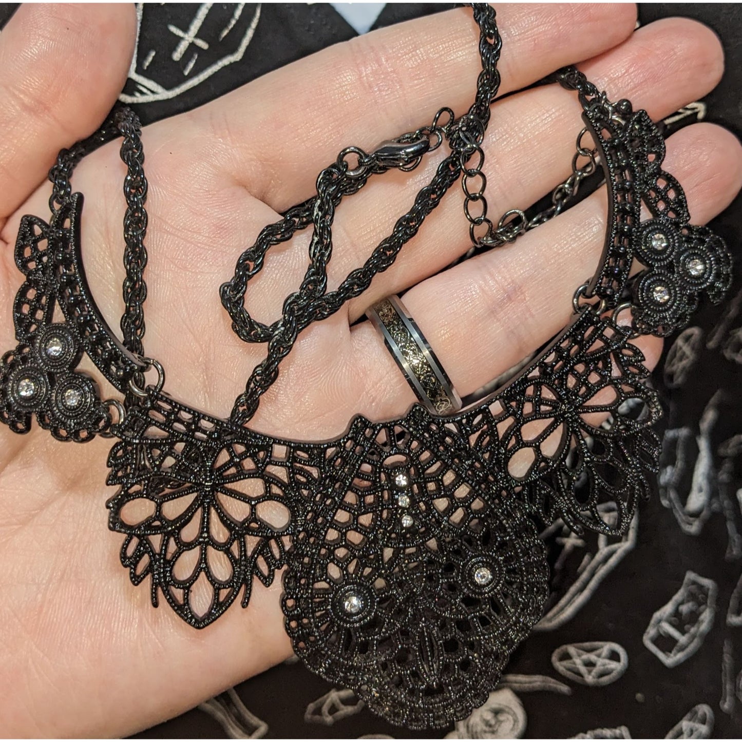 Gothic Black Lace-Like Metal Necklace With Rhinestone Accents