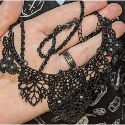 Gothic Black Lace-Like Metal Necklace With Rhinestone Accents