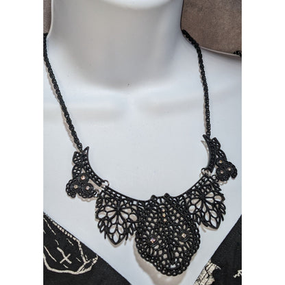 Gothic Black Lace-Like Metal Necklace With Rhinestone Accents