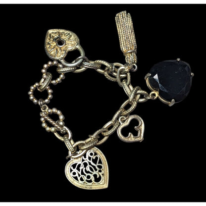 Vintage Coquette Silver And Gold Tone Heart Charm Bracelet