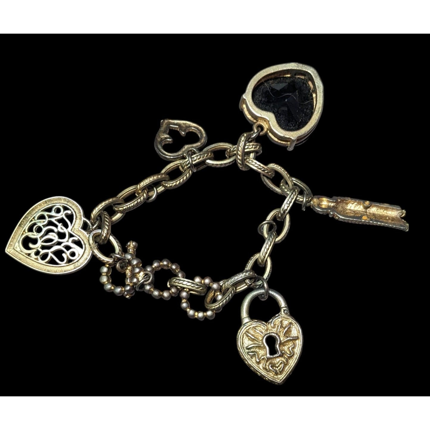 Vintage Coquette Silver And Gold Tone Heart Charm Bracelet