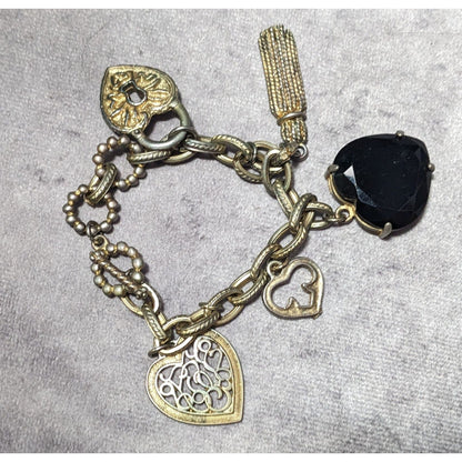 Vintage Coquette Silver And Gold Tone Heart Charm Bracelet