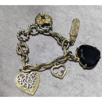 Vintage Coquette Silver And Gold Tone Heart Charm Bracelet