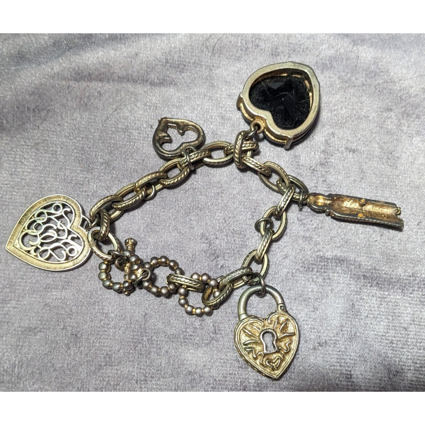 Vintage Coquette Silver And Gold Tone Heart Charm Bracelet