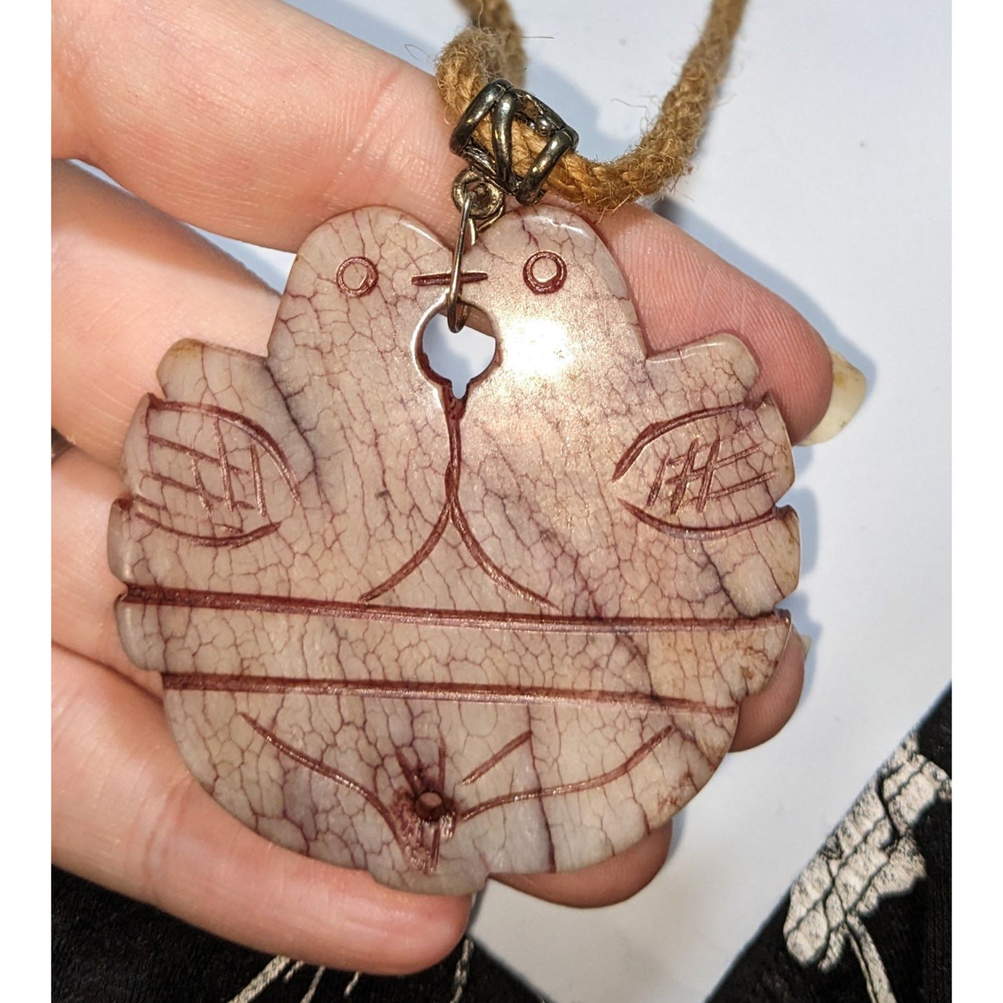 Carved Love Birds Stone Pendant Necklace Rustic Boho Folk Art Cord Necklace