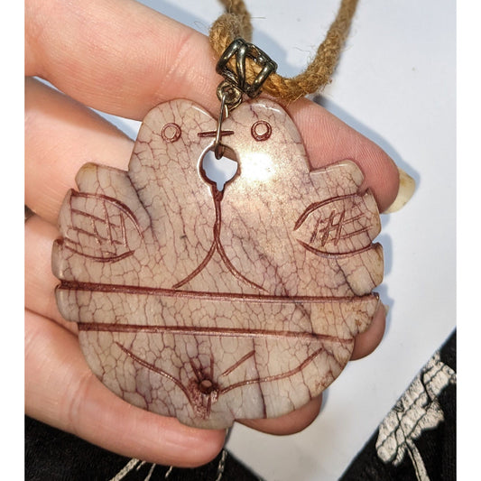 Carved Love Birds Stone Pendant Necklace Rustic Boho Folk Art Cord Necklace