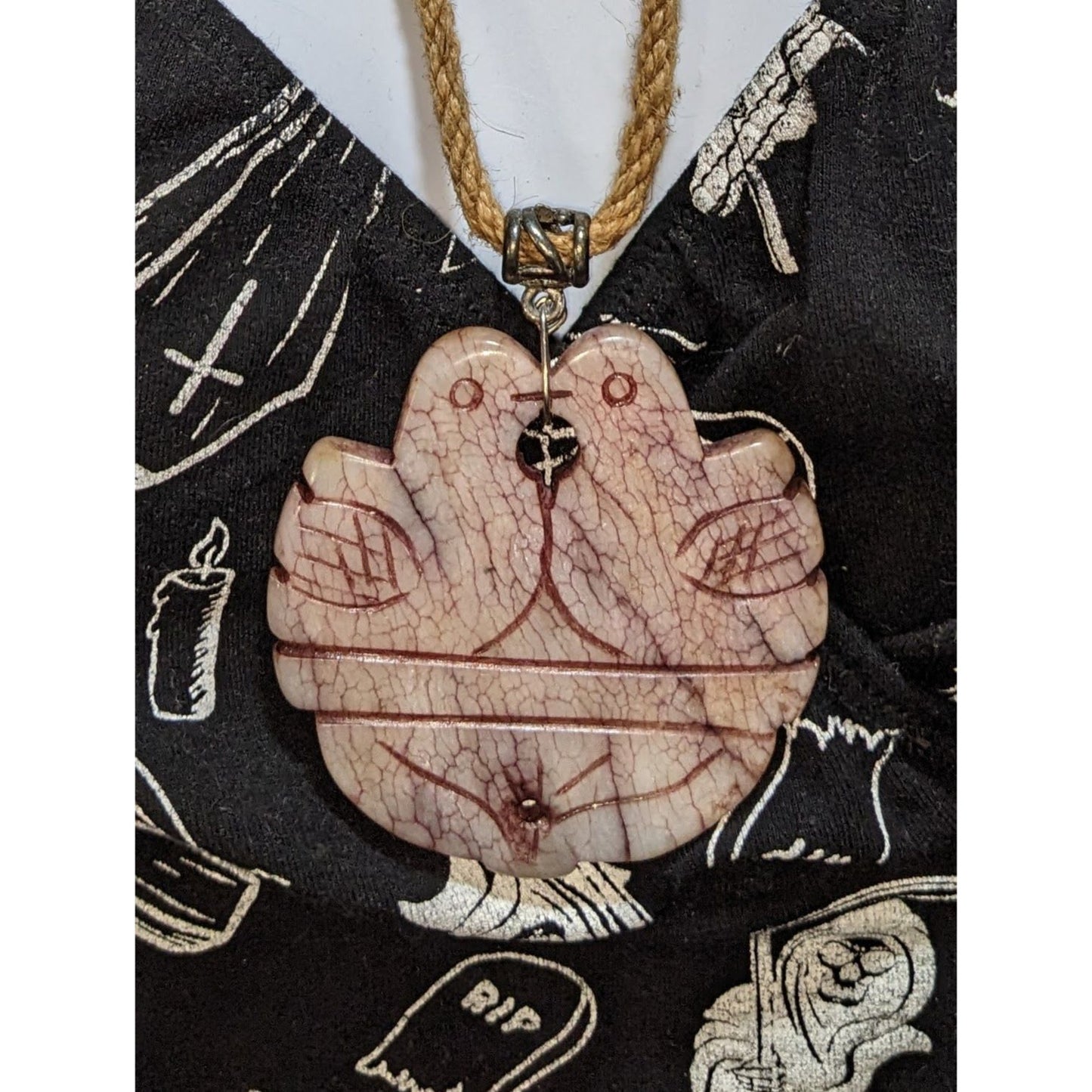 Carved Love Birds Stone Pendant Necklace Rustic Boho Folk Art Cord Necklace