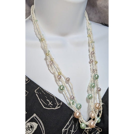 Coquette Cottagecore Layered Faux Pearl Seed Bead Multi Strand Statement Necklace