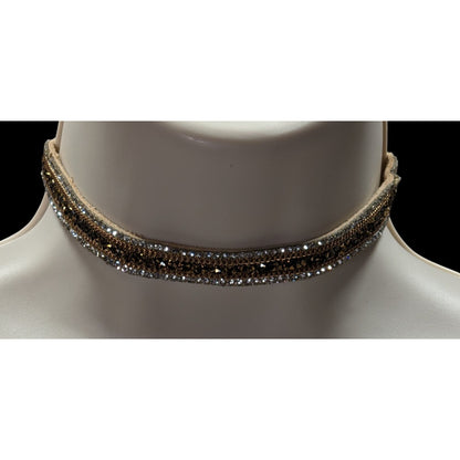Vintage Boho Glam Rhinestone Beaded Suede Choker Necklace