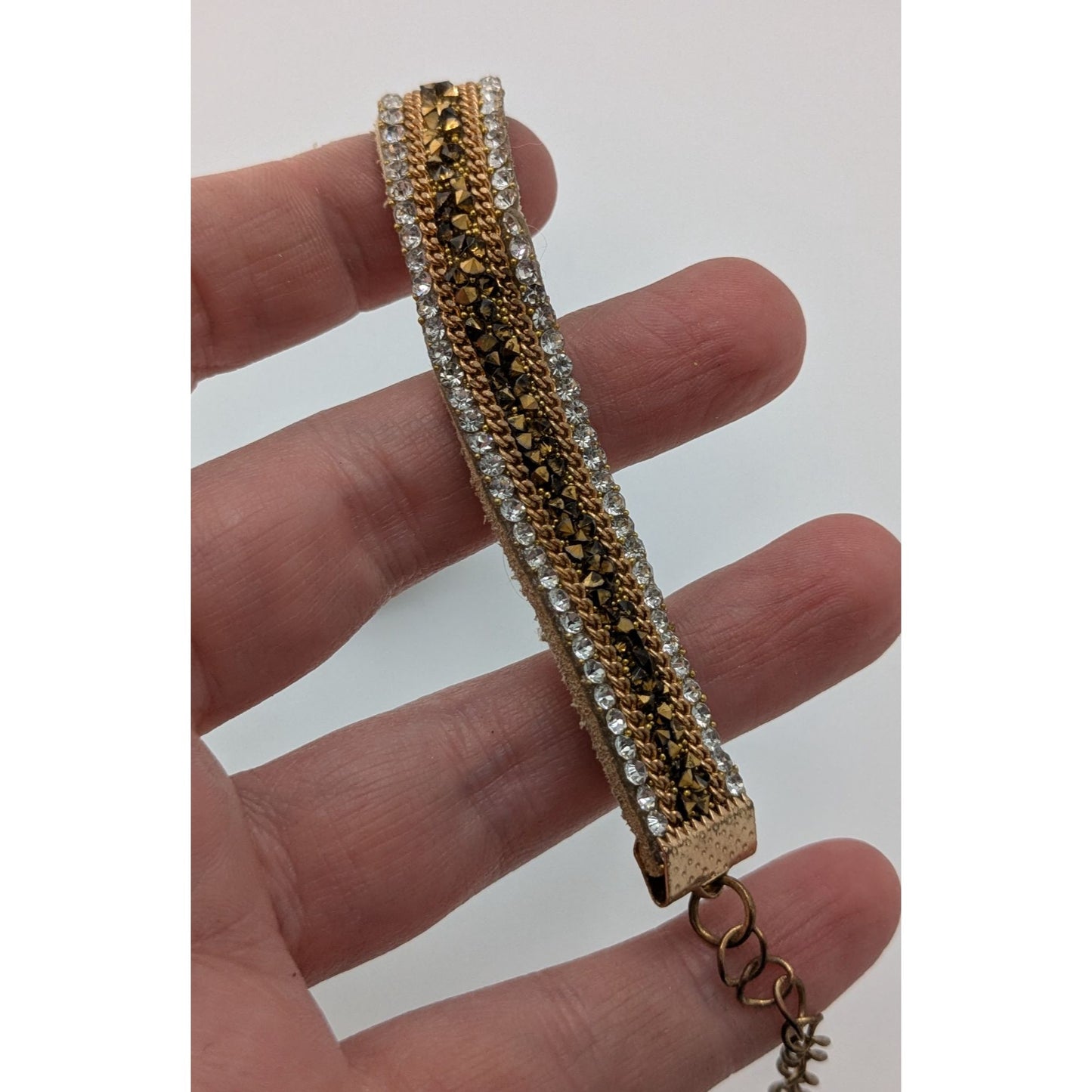 Vintage Boho Glam Rhinestone Beaded Suede Choker Necklace