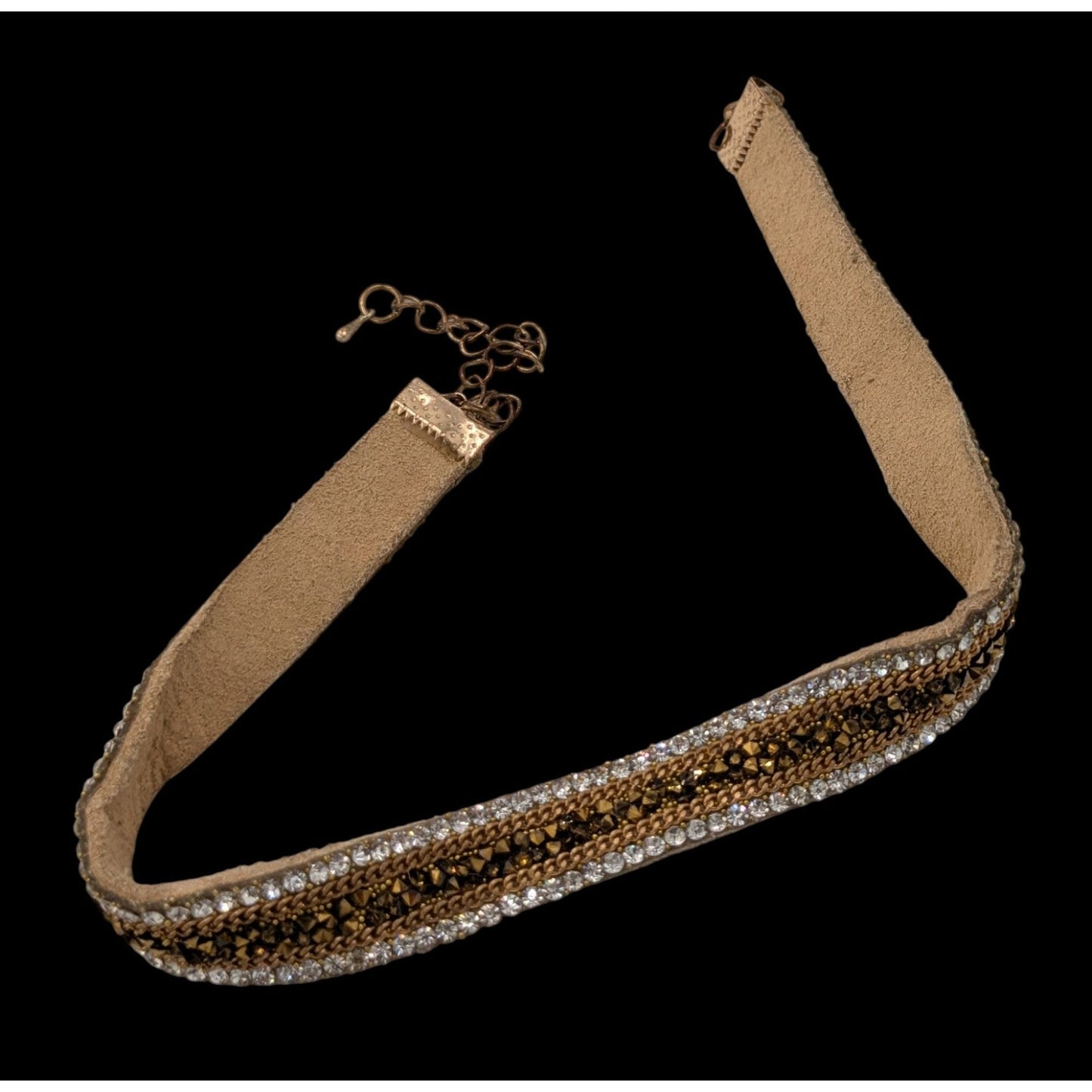 Vintage Boho Glam Rhinestone Beaded Suede Choker Necklace