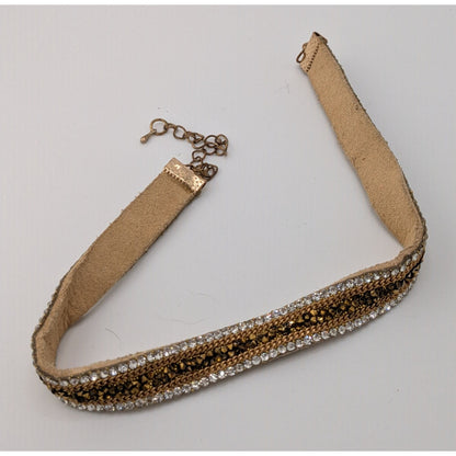 Vintage Boho Glam Rhinestone Beaded Suede Choker Necklace