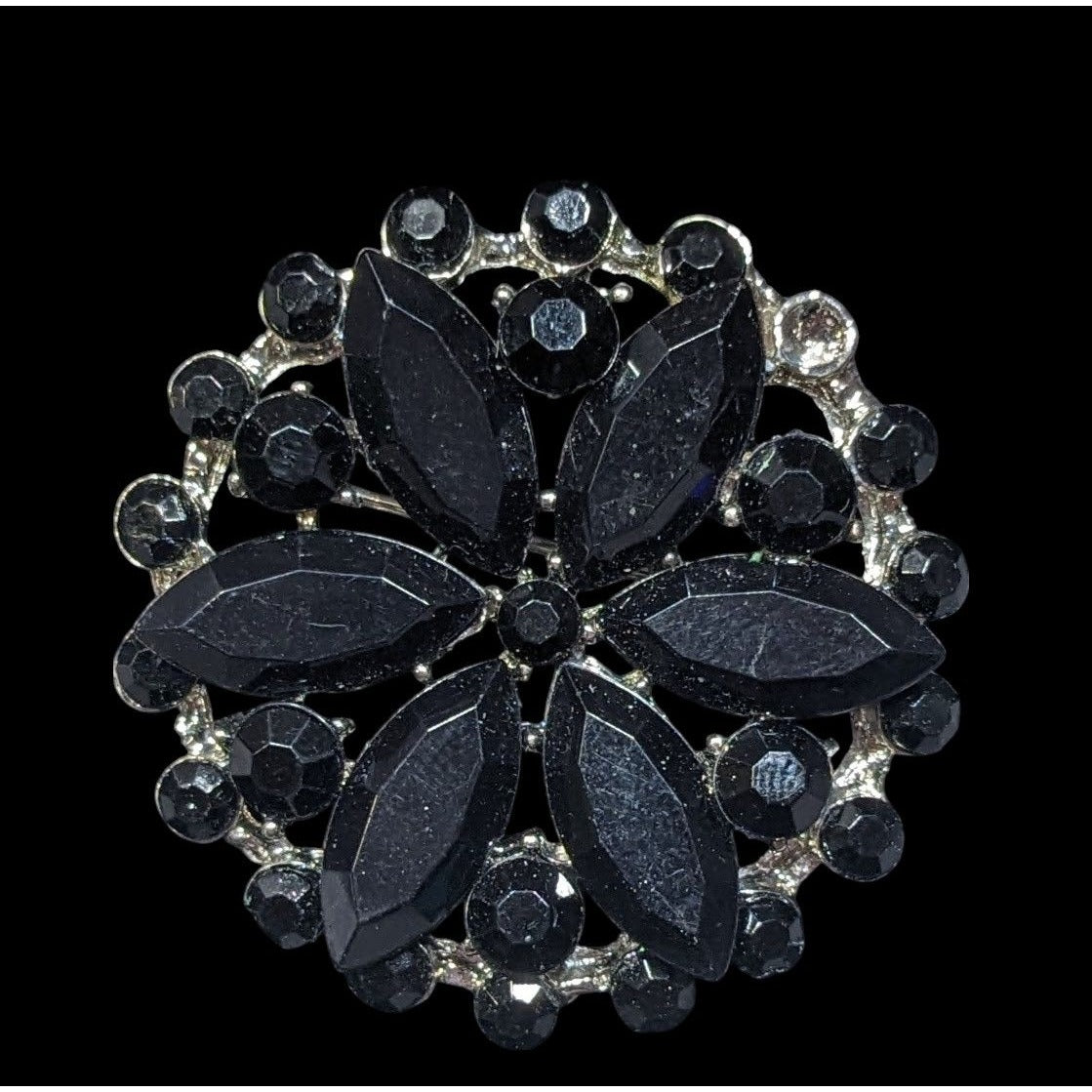 Vintage Gothic Floral Black And Silver Tone Gemmed Brooch