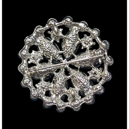 Vintage Gothic Floral Black And Silver Tone Gemmed Brooch