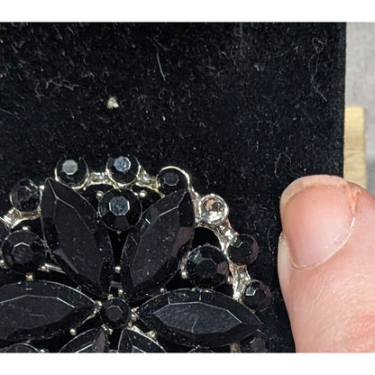 Vintage Gothic Floral Black And Silver Tone Gemmed Brooch