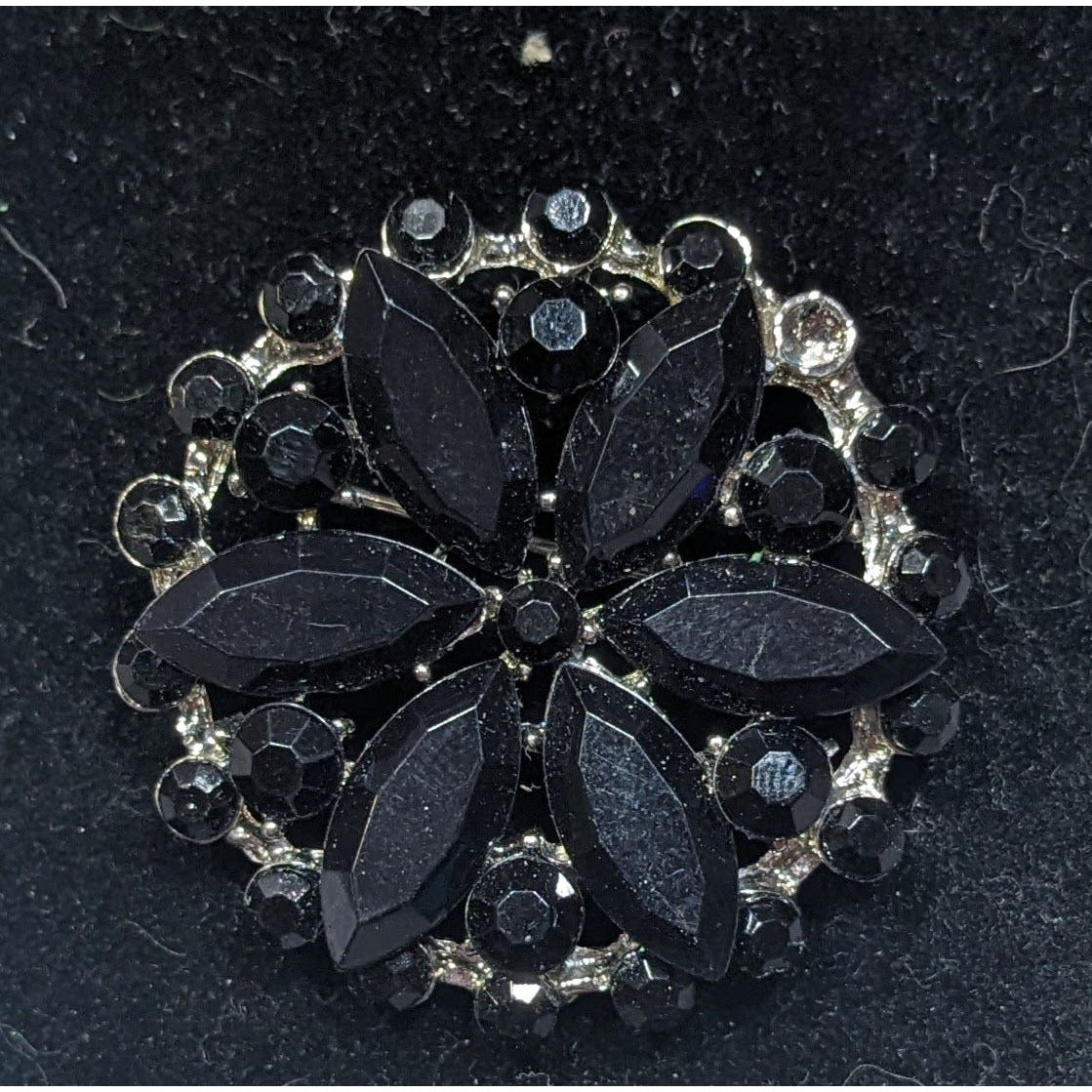 Vintage Gothic Floral Black And Silver Tone Gemmed Brooch